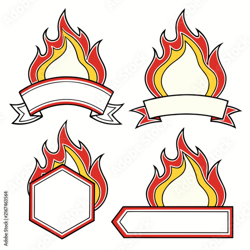 Set of vector flame and fire graphic elements featuring decorative banners and blank geometric shapes isolated on white background for custom logo design branding needs.
