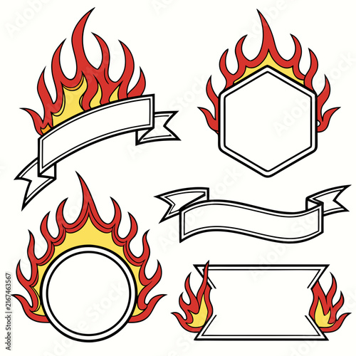 Decorative fire border collection with red and yellow flames featuring curved ribbon banners and hexagonal frames for hot price tags or vintage style racing graphics.
