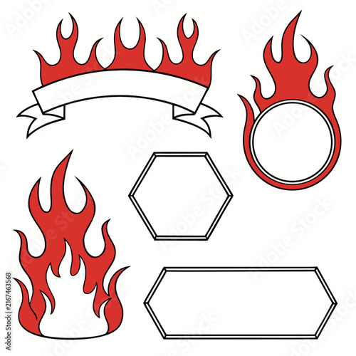 Set of minimalist red flame border elements with ribbon banner and geometric frames for fire safety signage or hot deal promotional graphics isolated on white background.