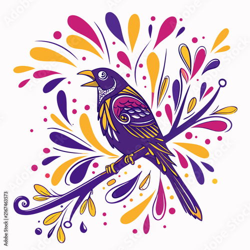 Colorful singing bird illustration perched on branch with purple and orange abstract paint splashes in artistic folk style for greeting cards or nature themed designs.