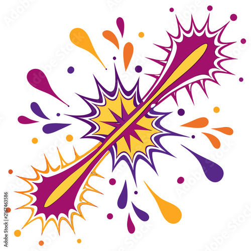 Dynamic comic book explosion graphic with purple and orange bursts and liquid paint splashes for action packed superhero themes or creative energy concept illustrations.