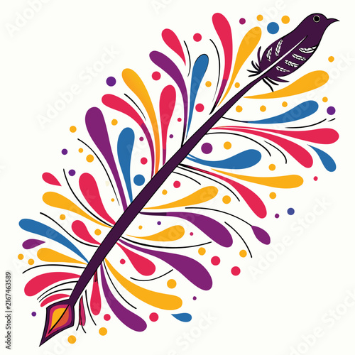Colorful quill pen with ink splashes, creative vector illustration of writing tool, vibrant artistic design for education and art.