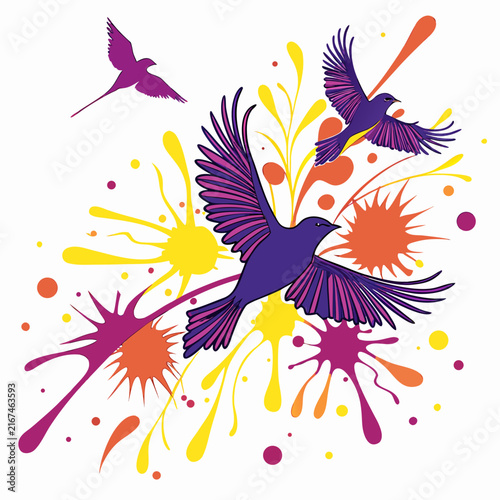 Three flying birds with dynamic paint splatters, vibrant vector illustration of nature, abstract artistic design with animal theme.