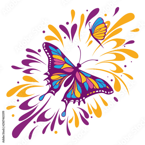 Two colorful butterflies with vibrant paint splatters, elegant vector graphic of insects, abstract artistic design with nature theme.