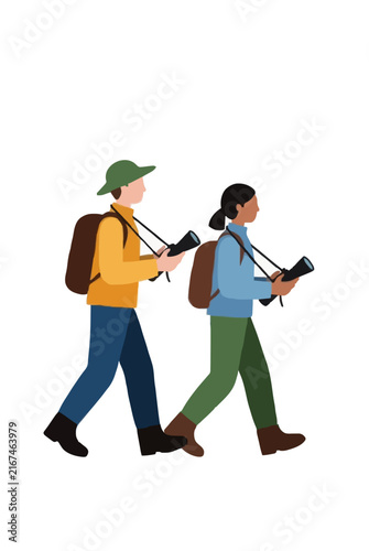 Two birdwatchers walking on a forest trail carrying binoculars and backpacks, flat style vector illustration of nature exploration, outdoor leisure activity, and wildlife observation companions