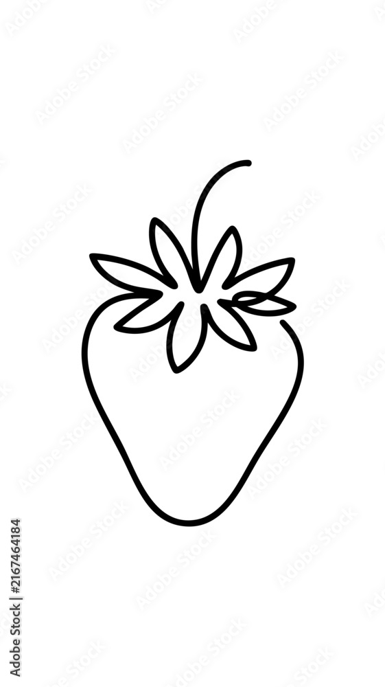 Fototapeta premium Minimalist continuous line art illustration of a single strawberry with leafy crown — elegant one line drawing for dessert menu design and summer bakery packaging template