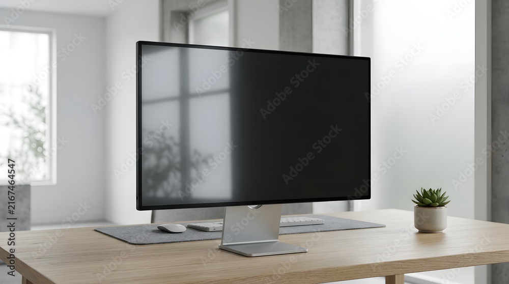 Fototapeta premium Modern blank smart TV screen on wooden stand in bright minimalist living room interior