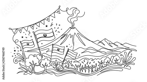 Continuous line art of national independence day celebration with volcano and mountains