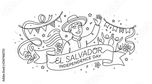 Continuous line drawing of man celebrating El Salvador independence day with festive decorations