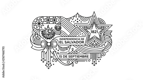 El Salvador Independence Day decorative line art vector illustration with patriotic symbols