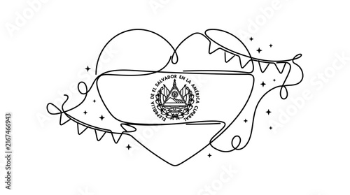 Minimalist Continuous Line Drawing of El Salvador National Emblem in Heart Shape