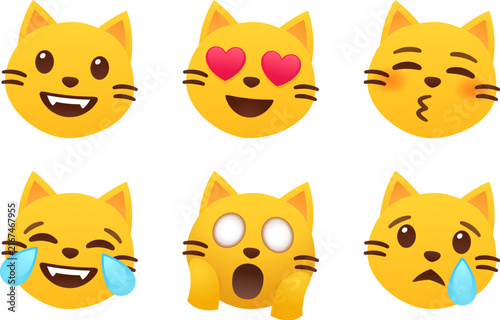 Set of cute yellow cat emoticons with different expressions. Funny cat emoji faces. Simple cartoon vector illustration.