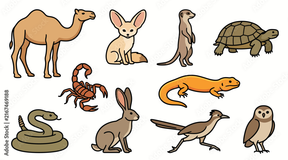 Fototapeta premium Cute Desert Animals Flat Vector Illustration Set