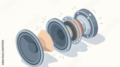 Exploded view illustration of speaker components including cone, magnet, and basket on white background