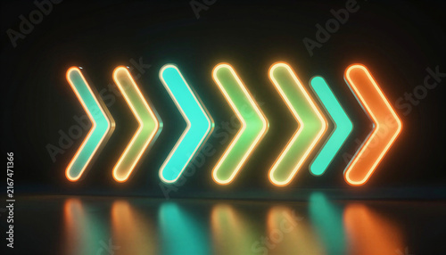 Neon arrow signs in vibrant colors on a dark background  