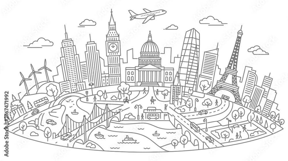 Obraz premium global city travel urban landscape line art illustration of famous landmarks modern architecture and sustainable energy depicting a connected world