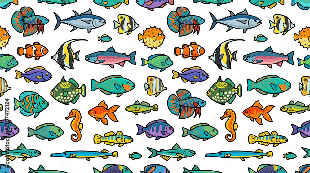 Obraz premium colorful cartoon fish seamless pattern illustration of diverse marine life swimming on white background perfect for kids designs.