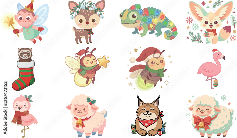 Obraz premium Colorful cartoon animals and characters in festive holiday attire for digital illustrations isolated on transparent background