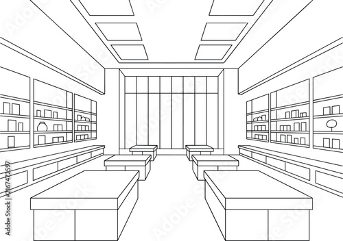 Symmetrical Retail Store Layout featuring Display Shelves Center Tables and Coffered Ceiling Line Art Vector Illustration