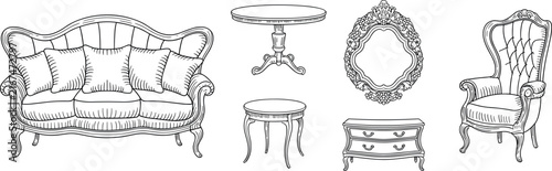 Vintage Baroque Furniture Set with Sofa Armchair Tables Mirror and Dresser Line Art Vector Illustration