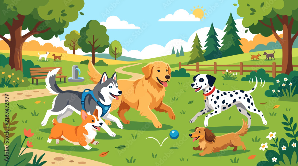 Naklejka premium Five dogs playing together in a sunny park