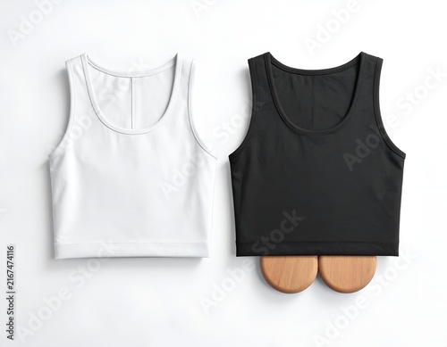 White and black scoop neck crop tops flat.