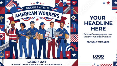 Labor Day celebration vector banner featuring diverse American workers and professional tools in clean premium style