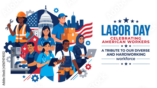 Premium vector illustration of a diverse American workforce across various professional industries featuring patriotic symbols and icons