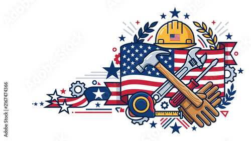 Clean vector graphic celebrating American labor and skilled workers, artfully combining essential tools, safety gear, and patriotic flag motifs for a modern design
