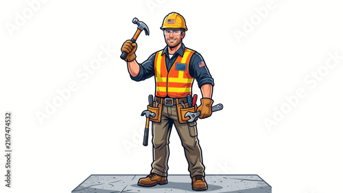 Premium Vector Illustration of a Professional Construction Worker in Safety Vest and Hard Hat Holding a Hammer for Labor Day