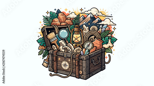 Treasure Chest Filled with Adventure Gear and Map.