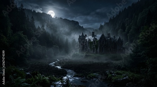 Haunted mansion standing in deep dark forest with winding river nearby under bright full moon light suitable for gothic horror imagery and mysterious dramatic storytelling.