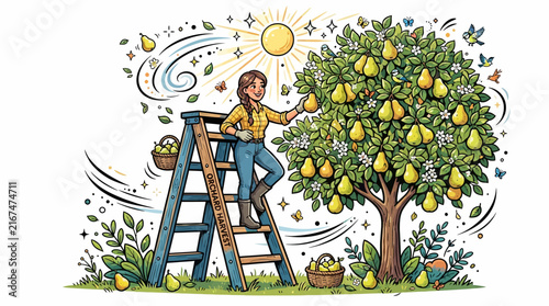 Woman Harvesting Pears from a Fruit Tree on a Ladder.
