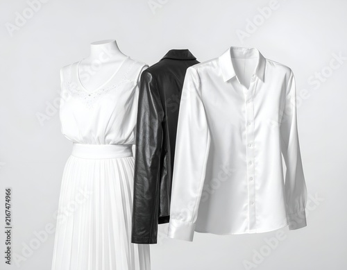 White dress and black leather jacket ensemble