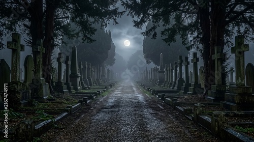 long pathway lined with ancient tombstones and crosses in a foggy cemetery, illuminated by soft moonlight, creating a solemn and atmospheric scene.