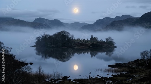 Island graveyard and church shrouded in mist under bright full moon casting reflections on tranquil lake creating atmospheric and mysterious ambiance for storytelling.
