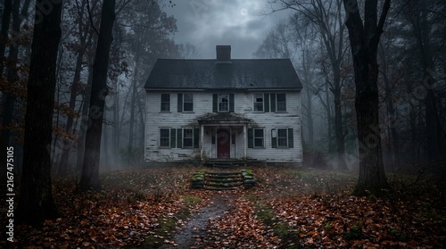 Abandoned white house surrounded by dark trees and fog under a full moon evokes a scary and mysterious haunted atmosphere perfect for horror.