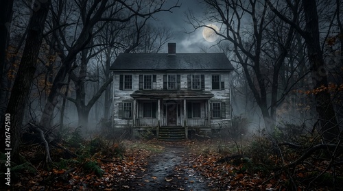 Creepy old white house in dark foggy woods under full moon creating a haunted atmosphere ideal for horror stories and scary themes.