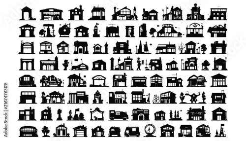 Numerous black silhouette icons depict various architectural building styles and structures, including houses, shops, and public institutions.