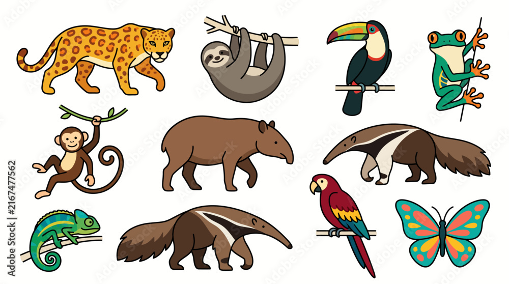 Naklejka premium Cute Rainforest Animals Flat Vector Illustration Set