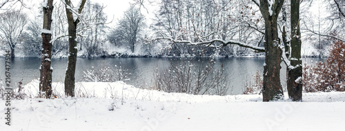 Canvastavla Panoramic view of snow-covered lake surrounded by trees in quiet winter landscap