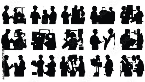 Silhouettes of people engaged in various business and professional activities, showcasing interactions and tasks within a corporate environment, presented as a collage.