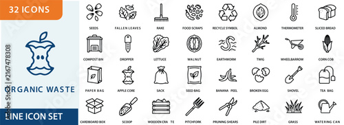 Line icon set depicting various organic waste and gardening related elements on a white background