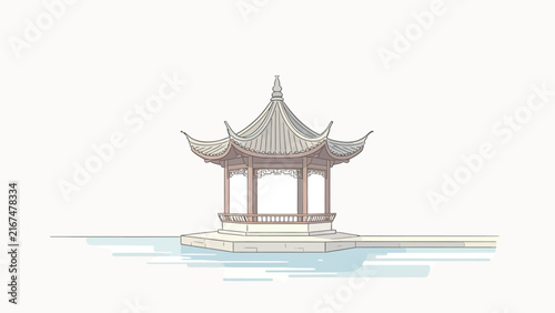 Traditional Chinese Pavilion Illustration on Water with Elegant Curved Roof and Wooden Columns