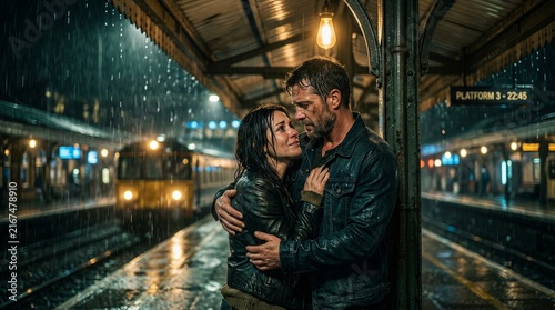 Cinematic Young Couple Embracing on Rainy Railway Station Platform at Night