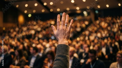A person raising a hand in a large crowd during a professional seminar.