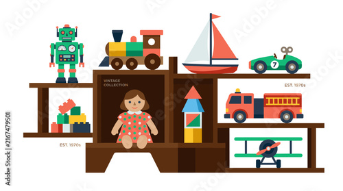 Retro children's toy collection on wooden shelves including robot, train, and sailboat flat vector illustration on white background