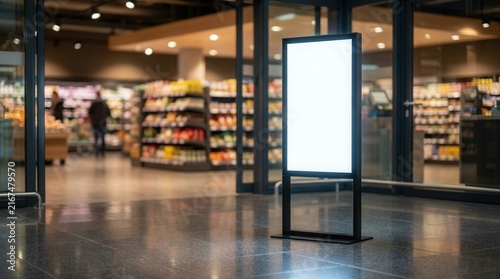 Vertical white advertising sign at a grocery store entrance with marketing copy space.