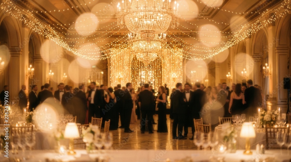 Naklejka premium Elegant ballroom scene with glowing string lights and a crystal chandelier for a luxury wedding.