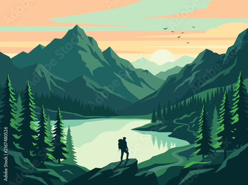 Hiker admiring a serene mountain lake at sunrise in a lush forest landscape.